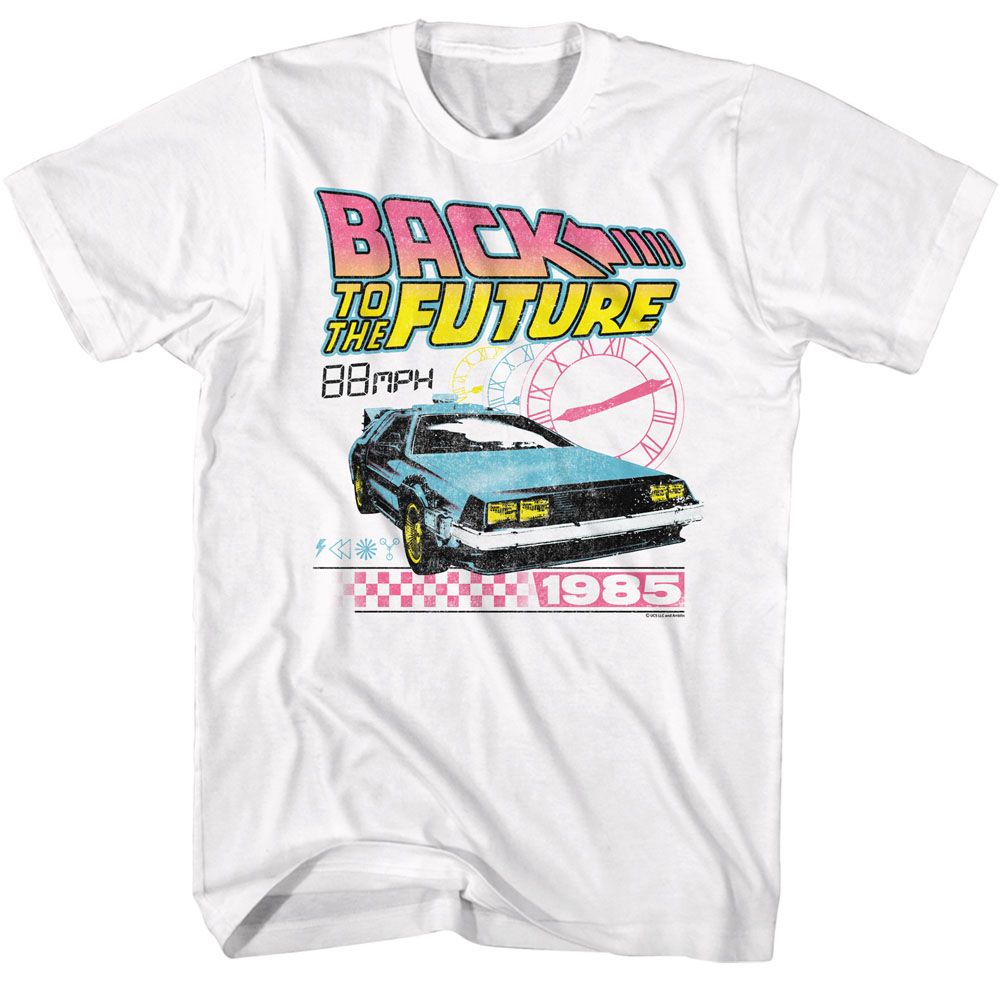 White Back to the Future t-shirt featuring Back to the Future BTF Clocks design