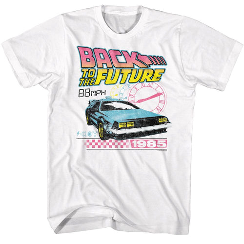 White Back to the Future t-shirt featuring Back to the Future BTF Clocks design
