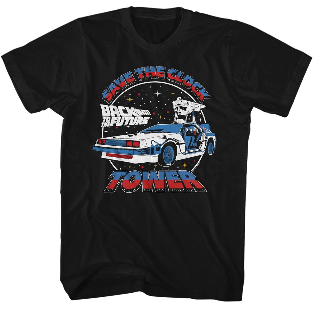 Black Back to the Future t-shirt featuring Back to the Future Clock Tower Split Color design