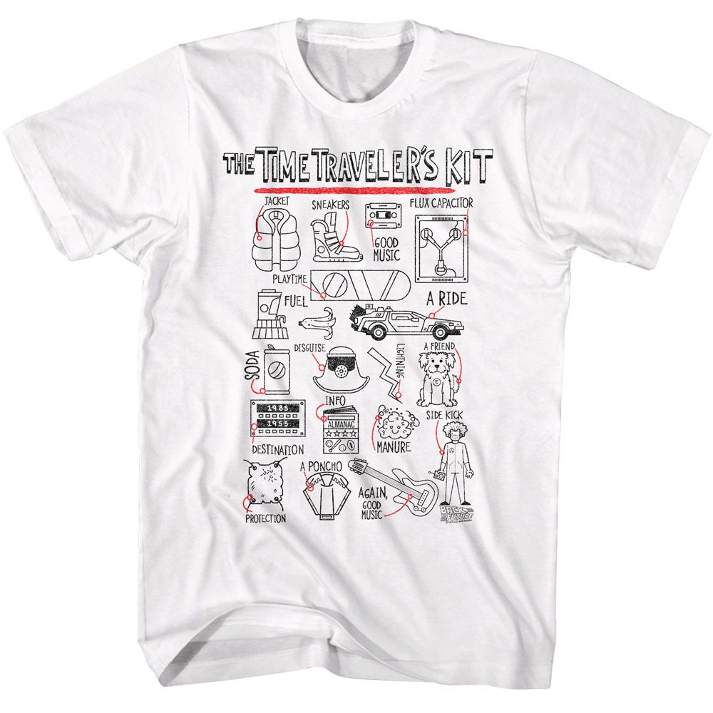 White Back to the Future t-shirt featuring Back to the Future Time Travelers Kit design