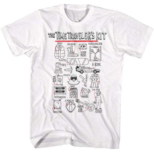 White Back to the Future t-shirt featuring Back to the Future Time Travelers Kit design