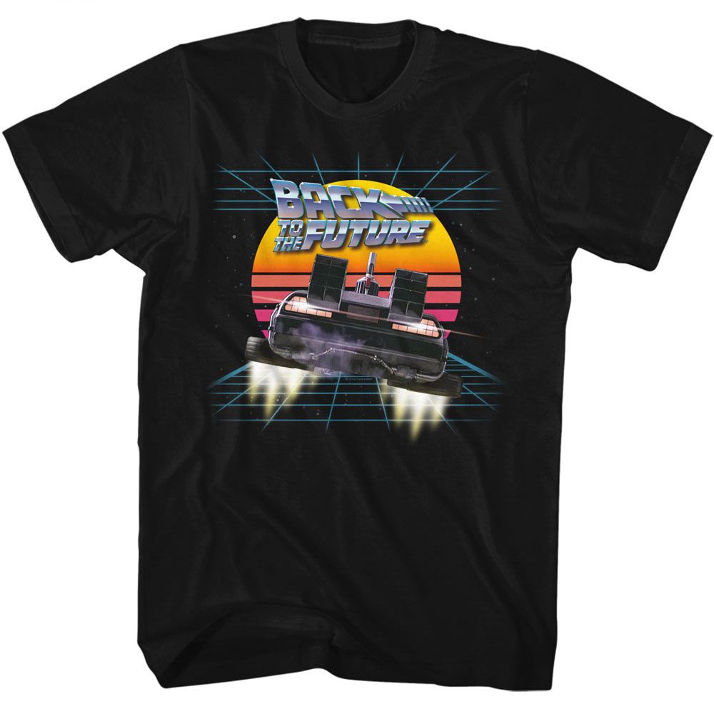 Black Back to the Future t-shirt featuring Back to the Future Into The Retro Sunset design