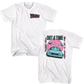 White Back to the Future t-shirt featuring Back to the Future Outatime Pastel front and back design