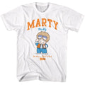 White Back to the Future t-shirt featuring Back to the Future Marty McFly cartoon design