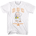White Back to the Future t-shirt featuring Back to the Future Doc Brown cartoon character design