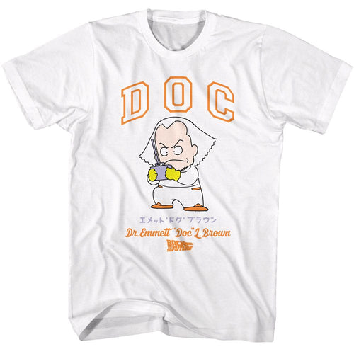 White Back to the Future t-shirt featuring Back to the Future Doc Brown cartoon character design