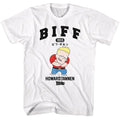 White Back to the Future t-shirt featuring Back to the Future Biff Tannen cartoon design
