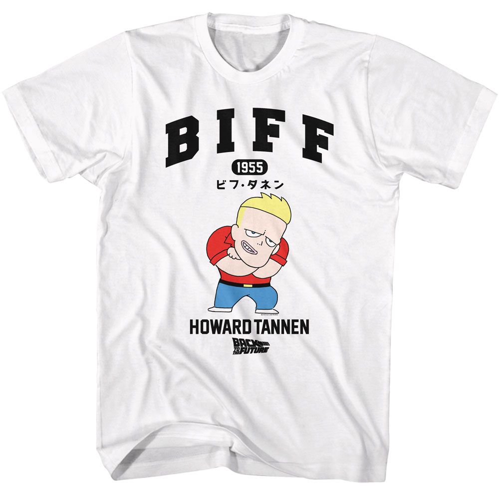 White Back to the Future t-shirt featuring Back to the Future Biff Tannen cartoon design