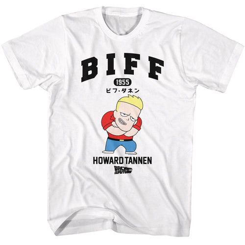 White Back to the Future t-shirt featuring Back to the Future Biff Tannen cartoon design