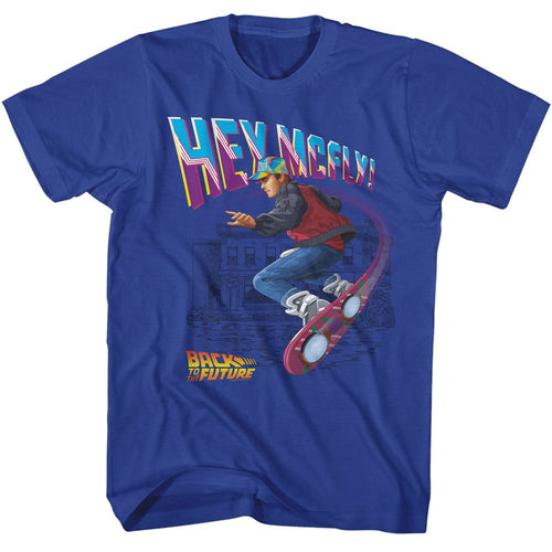Royal blue Back to the Future t-shirt featuring Back to the Future Hey McFly Flying Hoverboard design