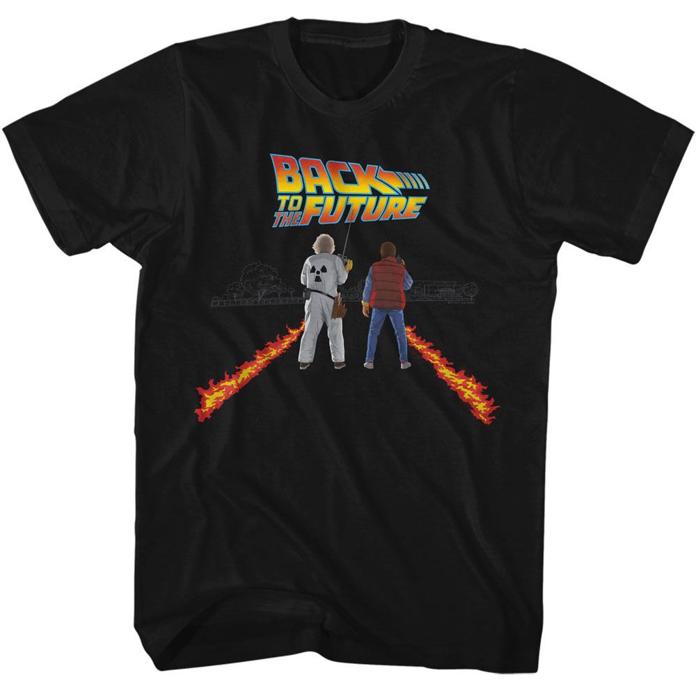 Black Back to the Future t-shirt featuring Back to the Future Fire Streaks design