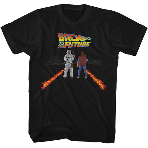 Black Back to the Future t-shirt featuring Back to the Future Fire Streaks design