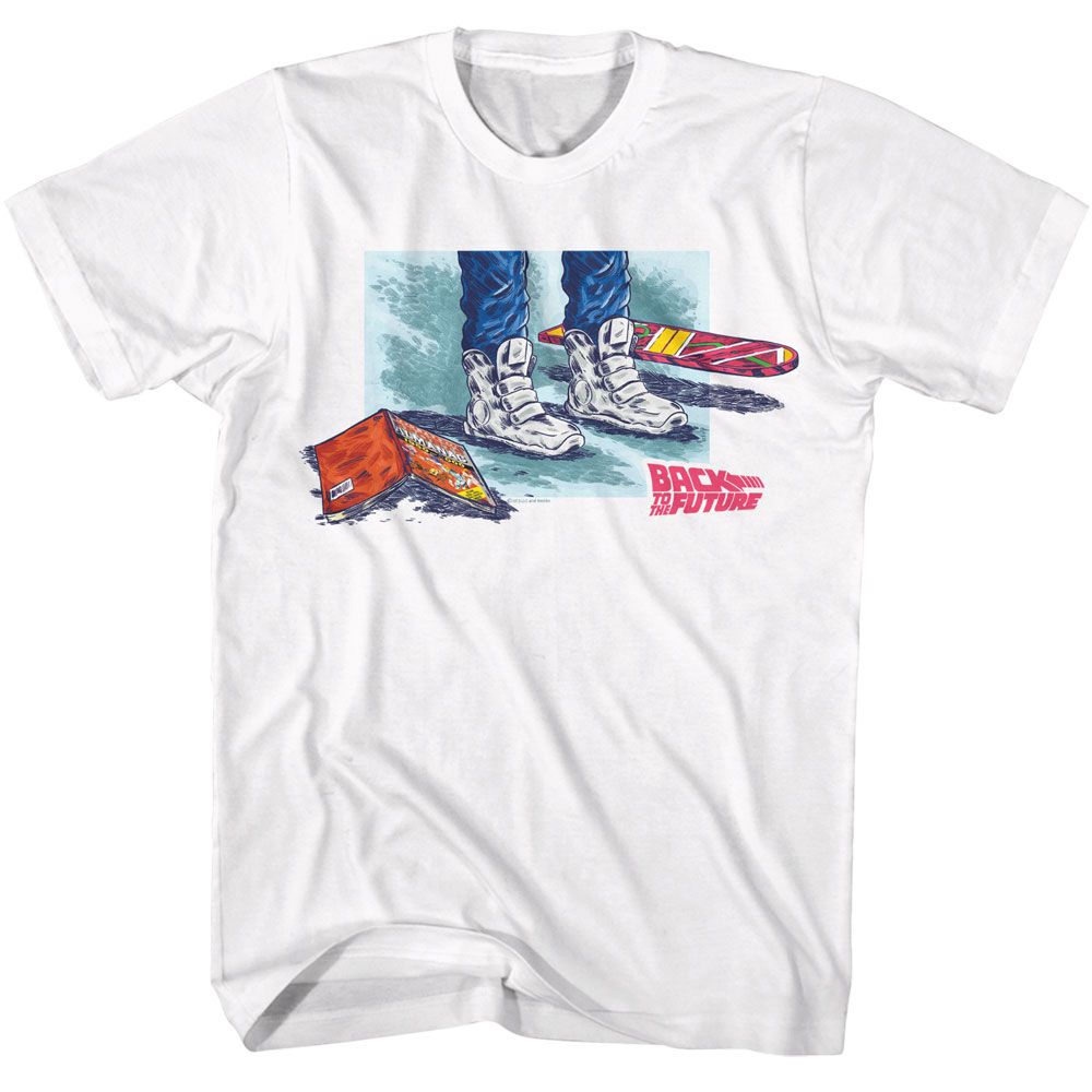 White Back to the Future t-shirt featuring Back to the Future Shoes Comic Hoverboard design