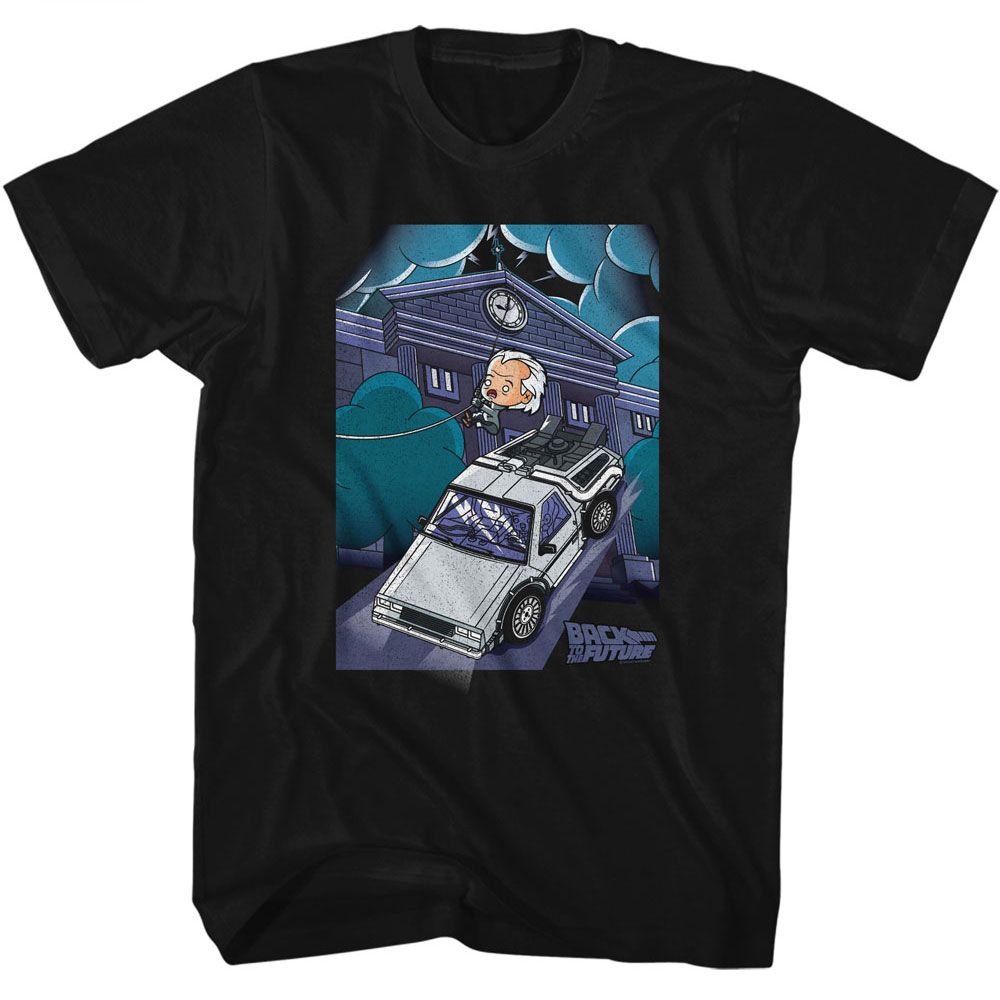 Black Back to the Future t-shirt featuring Back to the Future Cute Cartoon Doc and Clock Tower design