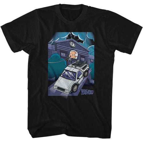 Black Back to the Future t-shirt featuring Back to the Future Cute Cartoon Doc and Clock Tower design