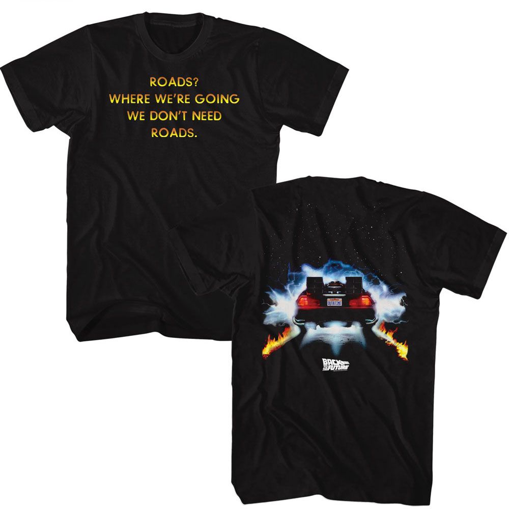 Black Back to the Future t-shirt featuring Back to the Future Roads front and back design