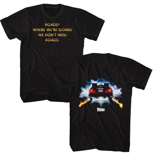 Black Back to the Future t-shirt featuring Back to the Future Roads front and back design