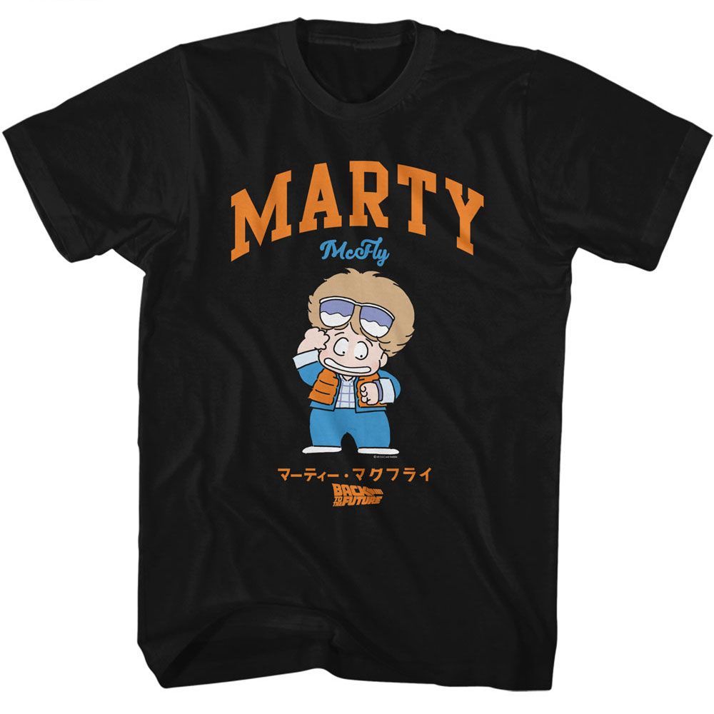 Black Back to the Future t-shirt featuring Back to the Future Marty cartoon character design