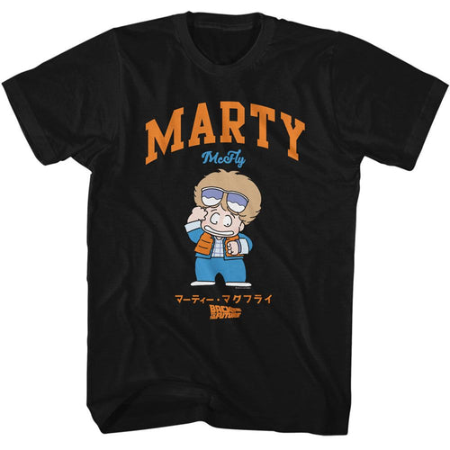 Black Back to the Future t-shirt featuring Back to the Future Marty cartoon character design