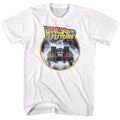 White Back to the Future t-shirt featuring Back to the Future Logo And Car Circle design