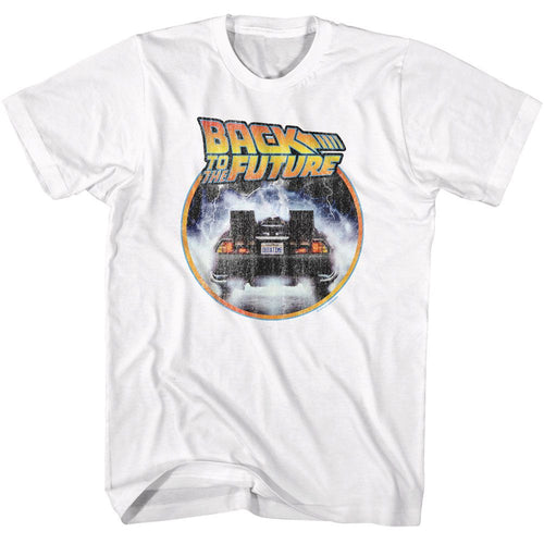 White Back to the Future t-shirt featuring Back to the Future Logo And Car Circle design