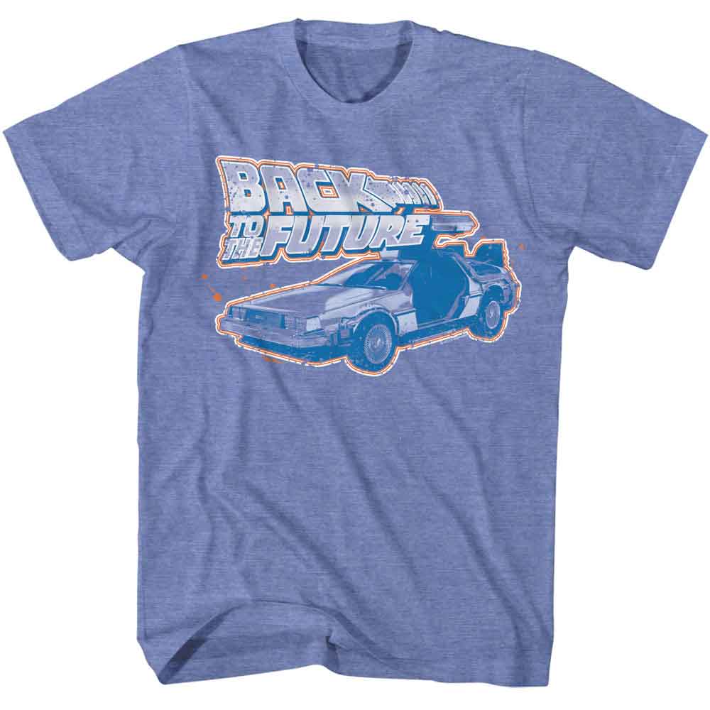 Light blue heather Back to the Future t-shirt featuring Back to the Future Logo And Car design