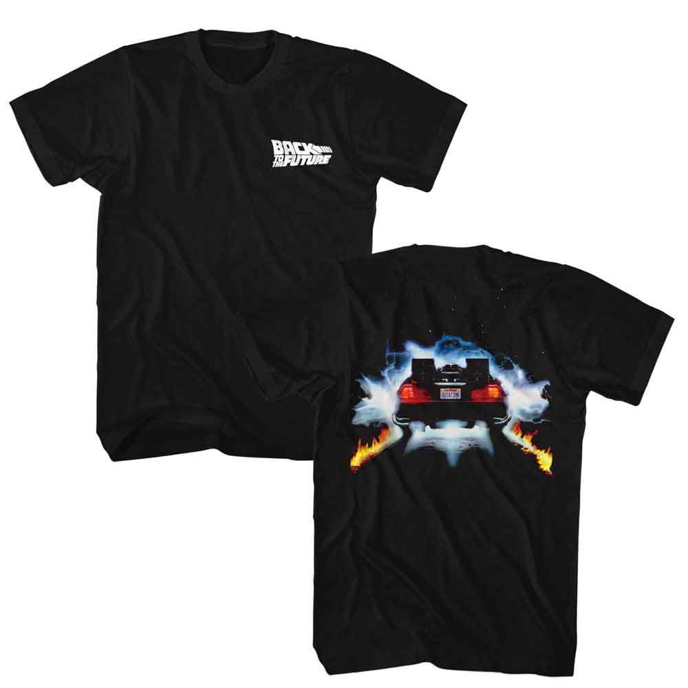 Black Back to the Future t-shirt featuring Back to the Future DeLorean Back front and back design