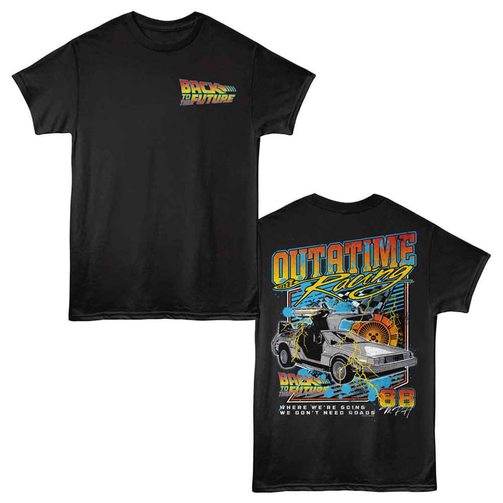Black Back to the Future t-shirt featuring Back to the Future Outatime Racing front and back design