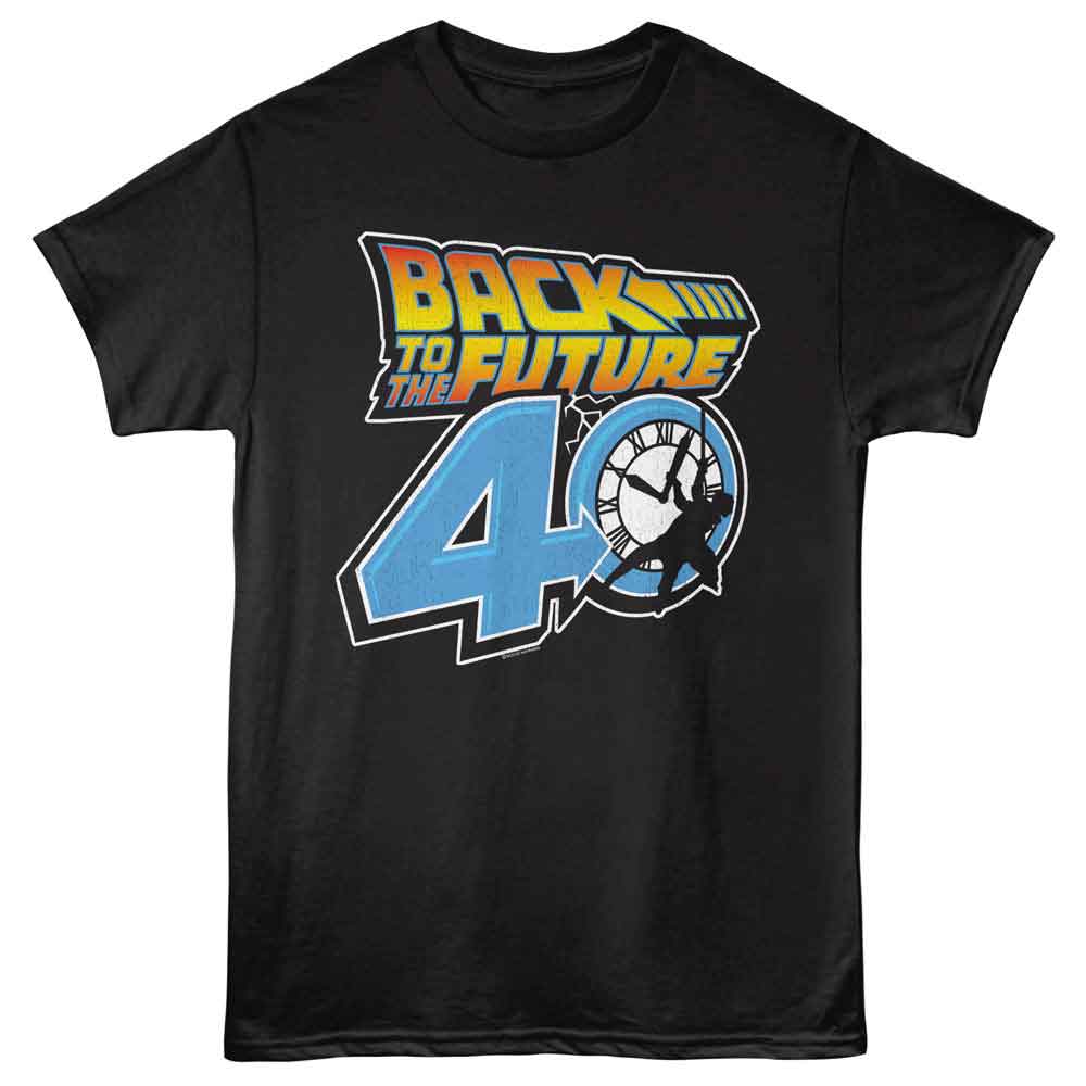 Black Back to the Future t-shirt featuring Back to the Future 40th Anniversary Logo design