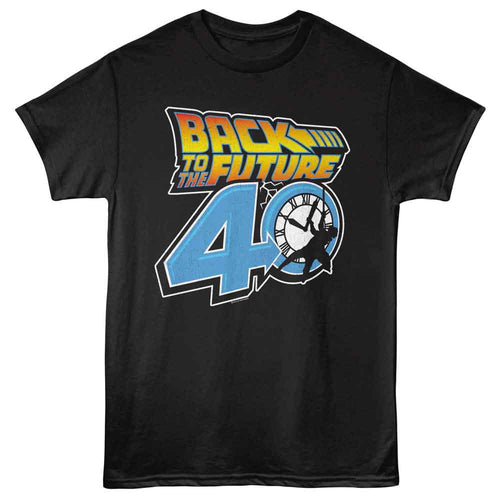 Black Back to the Future t-shirt featuring Back to the Future 40th Anniversary Logo design