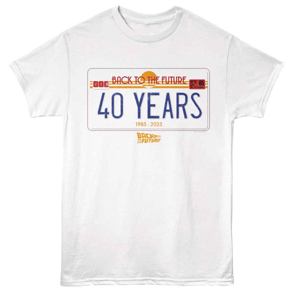 White Back to the Future t-shirt featuring Back to the Future 40 Years license plate design