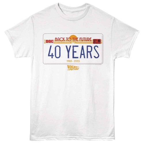 White Back to the Future t-shirt featuring Back to the Future 40 Years license plate design