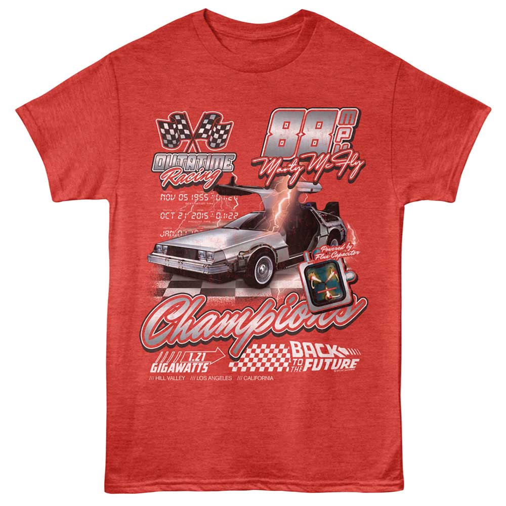 Red heather Back to the Future t-shirt featuring Back to the Future Champions design