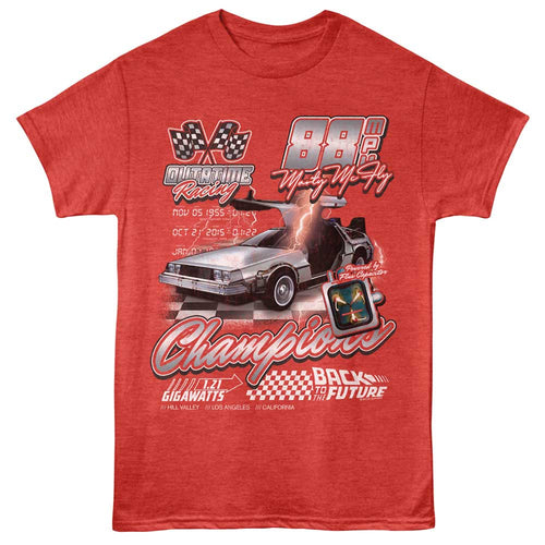 Red heather Back to the Future t-shirt featuring Back to the Future Champions design