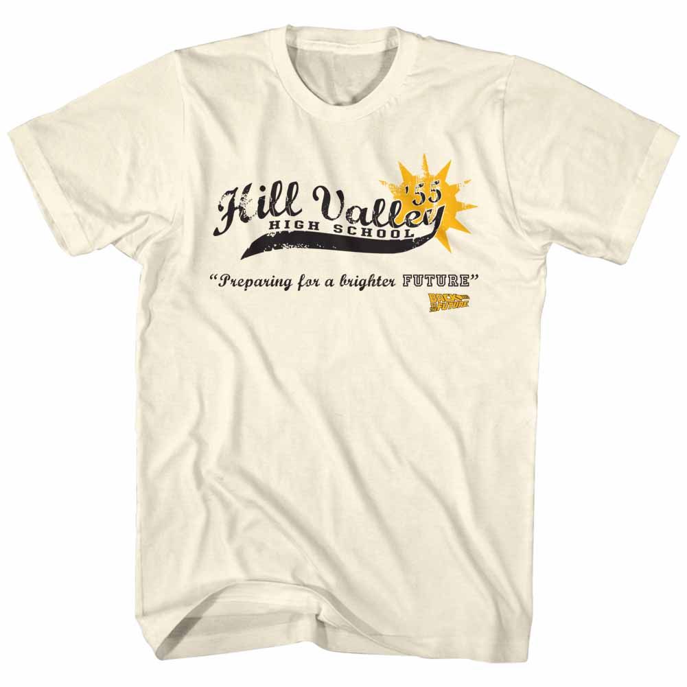 Natural Back to the Future t-shirt featuring Back to the Future Hill Valley High 1955 design