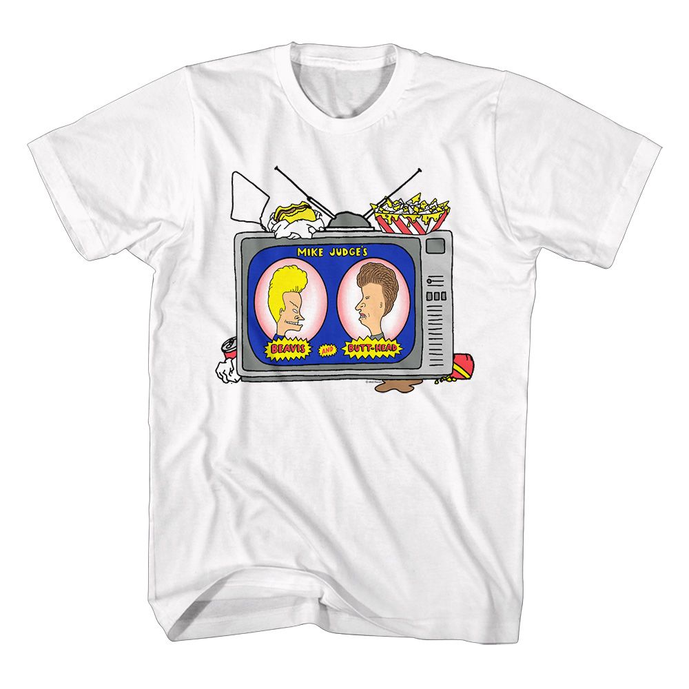 White Beavis and Butthead t-shirt featuring Beavis and Butthead Junk Food design