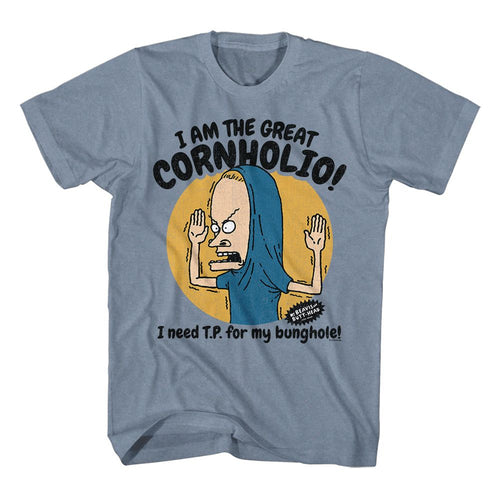 Indigo heather Beavis and Butthead t-shirt featuring Beavis and Butthead The Great Cornholio design