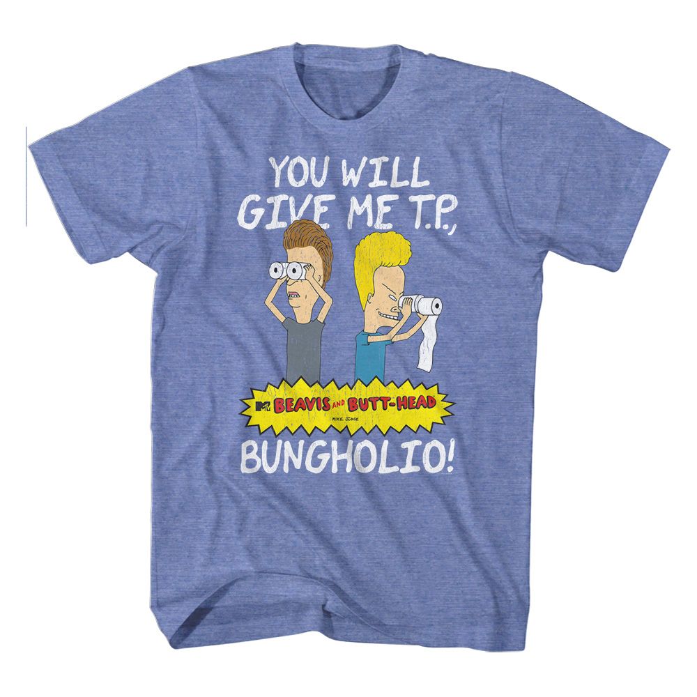 Light blue heather Beavis and Butthead t-shirt featuring Beavis and Butthead Give Me TP Bunghole design