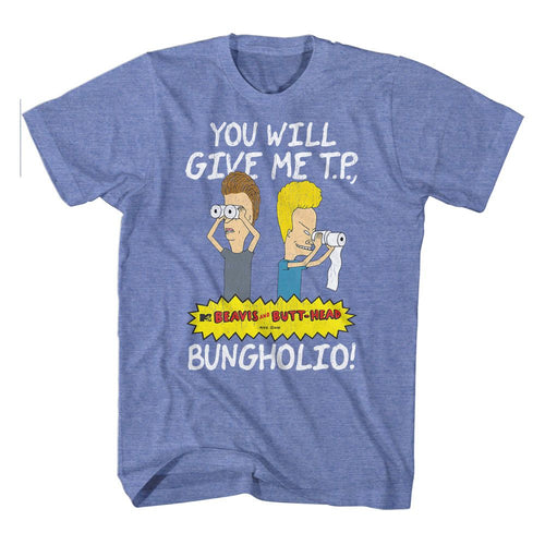 Light blue heather Beavis and Butthead t-shirt featuring Beavis and Butthead Give Me TP Bunghole design