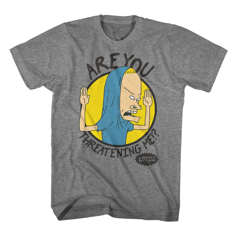 Graphite heather Beavis and Butthead t-shirt featuring Beavis and Butthead Are You Threatening Me design