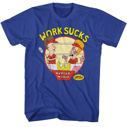 Royal blue Beavis and Butthead t-shirt featuring Beavis and Butthead Work Sucks design