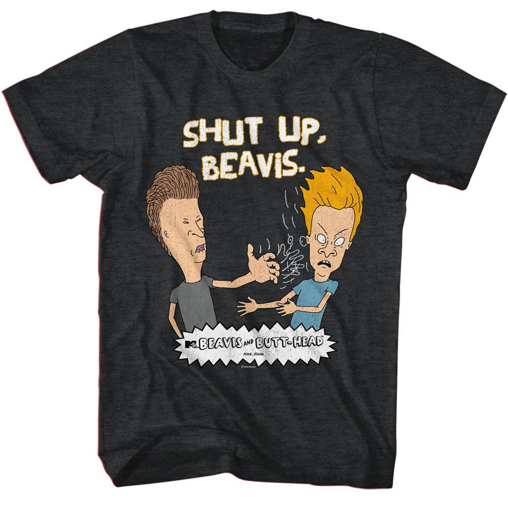 Black heather Beavis and Butthead t-shirt featuring Beavis and Butthead Shut Up Beavis design
