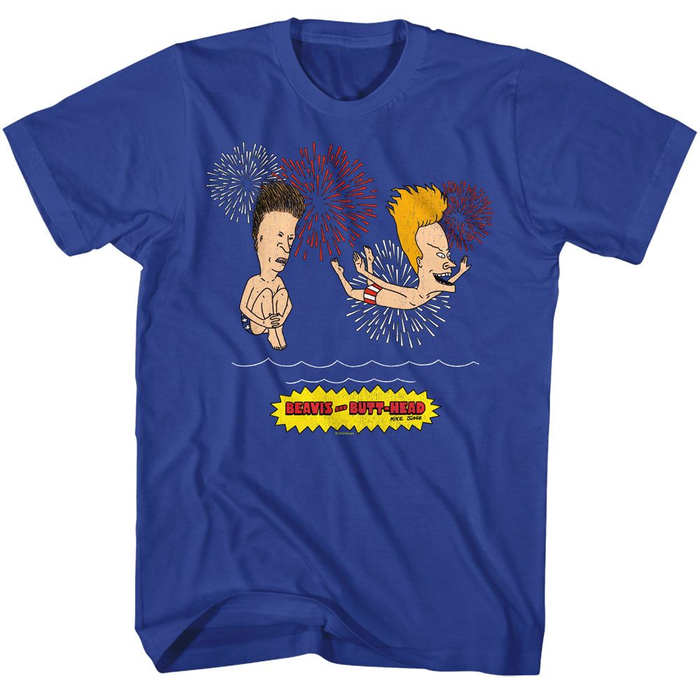 Royal blue Beavis and Butthead t-shirt featuring Beavis and Butthead Firework Swim design