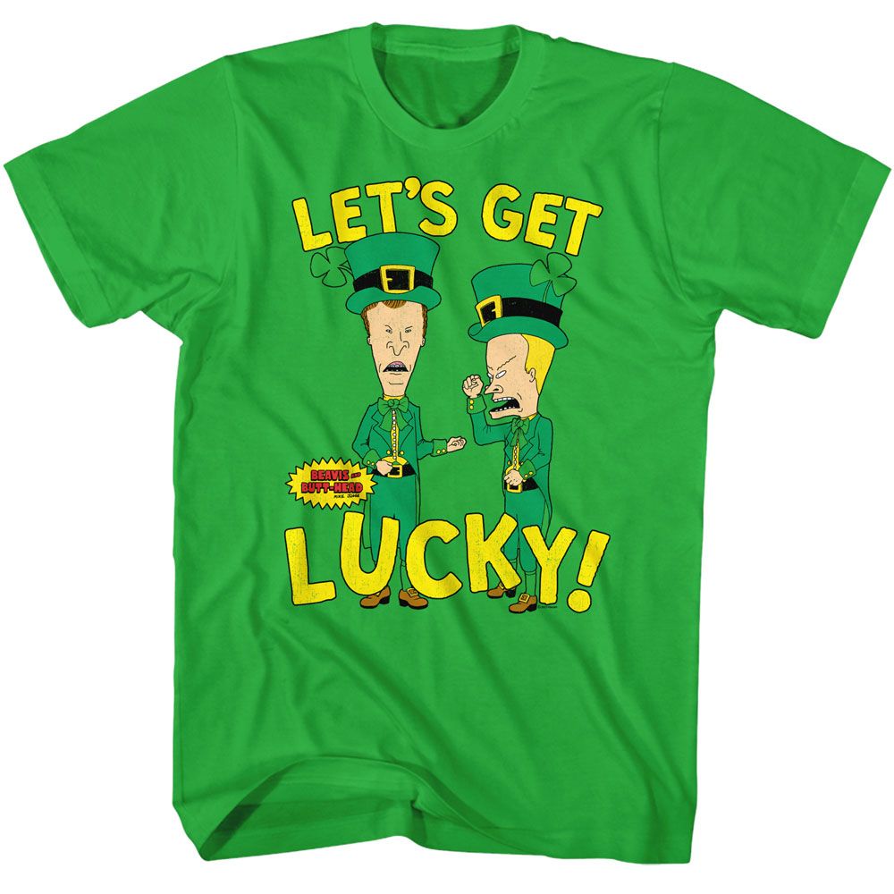 Kelly green Beavis and Butthead t-shirt featuring Beavis and Butthead Lets Get Lucky design