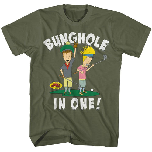 Military green Beavis and Butthead t-shirt featuring Beavis and Butthead Bunghole In One design
