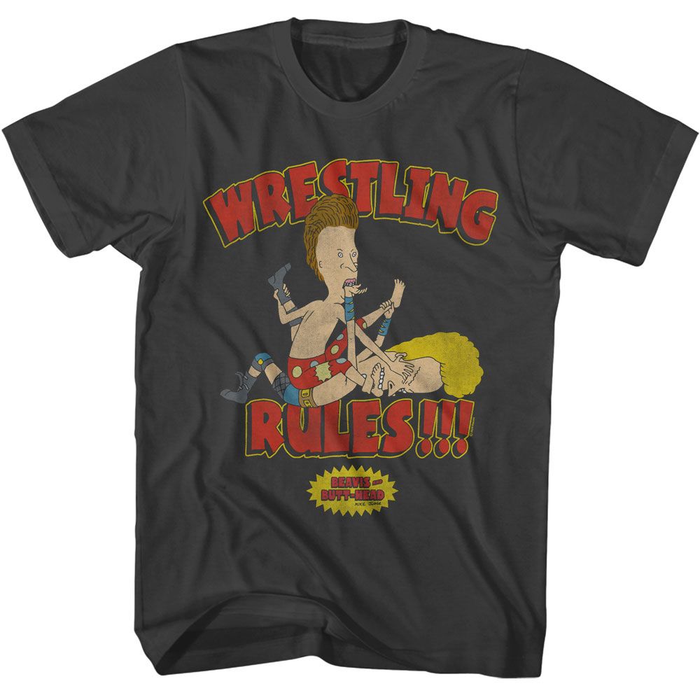Smoke gray Beavis and Butthead t-shirt featuring Beavis and Butthead Wrestling Rules design