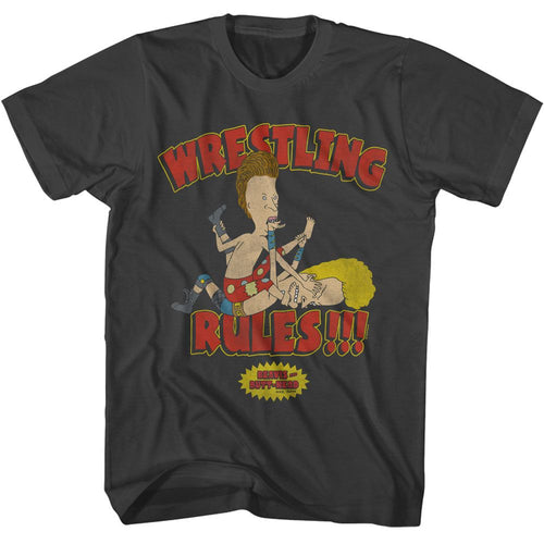 Smoke gray Beavis and Butthead t-shirt featuring Beavis and Butthead Wrestling Rules design