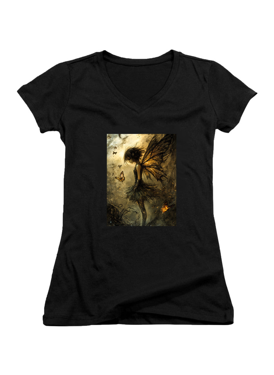 Black Beautiful Fairy Juniors V-Neck T-Shirt
