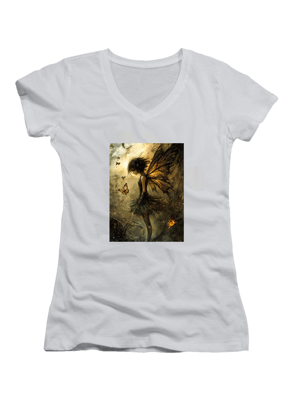 White Beautiful Fairy Juniors V-Neck T-Shirt