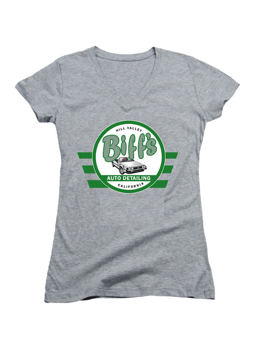 Gray Biff's Auto Detailing Juniors V-Neck T-Shirt